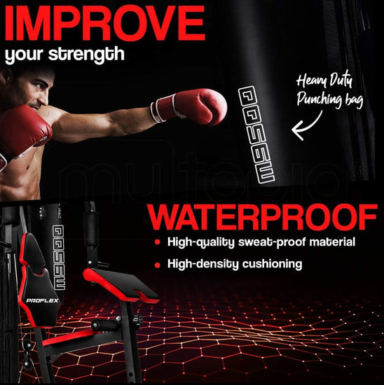 M9500 Multi-Function Home Gym Machine with Dip Station, Punching Bag, Situp Bench, Black/Red