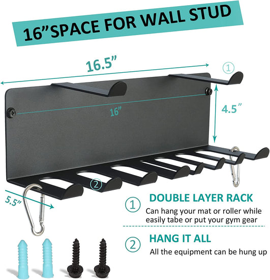 Gym Storage Rack,Double Layer Multi-Purpose Exercise Bands Rack,Resistance Bands Rack with 10 Hooks for Lifting Belt and Jump Rope Storage, Yoga Mat and Foam Roller Holder (Hardware Included)