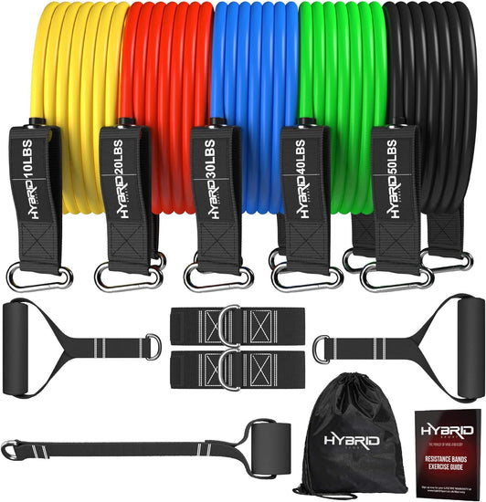 HYBRID Resistance Bands Set Men Women, HEAVY DUTY 12Pcs Exercise Bands, up to 150LB, 68Kg, 2 Foam Handles, 2 Ankle Straps, Door Anchor - Fitness Tubes - Exercise Equipment for Home, Gym, Physio