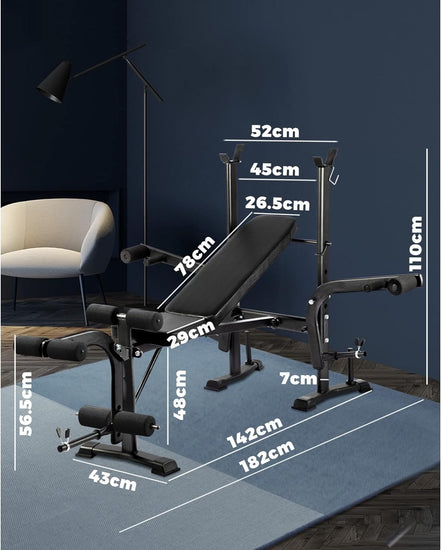 Weight Bench Press Home Gym Systems 8In1 Multi-Station Fitness Chair Strength Training Equipment with Backrest Adjustable Foldable Bar Design, U-Shaped Stable Base and Sweat Proof Padding, 200KG Weight Capacity