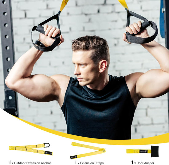 Suspension Trainer Kit Resistance System Full Body Workout Training Equipment Fitness Band Set with Door Anchor Adjustable Workout Straps for Home Gym Travel Outdoors (Yellow)