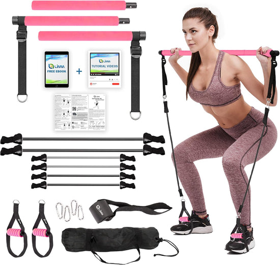 Pilates Bar Kit - 3-Section Yoga Stick for Men & Women - Portable Home Gym Exercise Stick - Muscle Toning, Stretching, Yoga & Full Body Workouts - Includes Adjustable Resistance Bands
