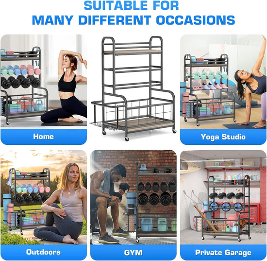 Dumbbell Rack,  Weight Rack for Dumbbells and Kettlebells, All in One Home Gym Storage, Yoga Mat Organizer Holder with Hooks and Wheels, Workout Equipment Weight Stand for Home Exercise And