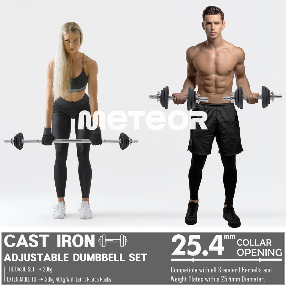 METEOR 20Kg Adjustable Dumbbell Set, One Set for All, Dumbbell and Barbell, Compact Hand Weight Set - Solid Cast Iron Plate with Steel Handle - Upgradable Home Gym Exercise Weight Set