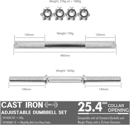METEOR 20Kg Adjustable Dumbbell Set, One Set for All, Dumbbell and Barbell, Compact Hand Weight Set - Solid Cast Iron Plate with Steel Handle - Upgradable Home Gym Exercise Weight Set