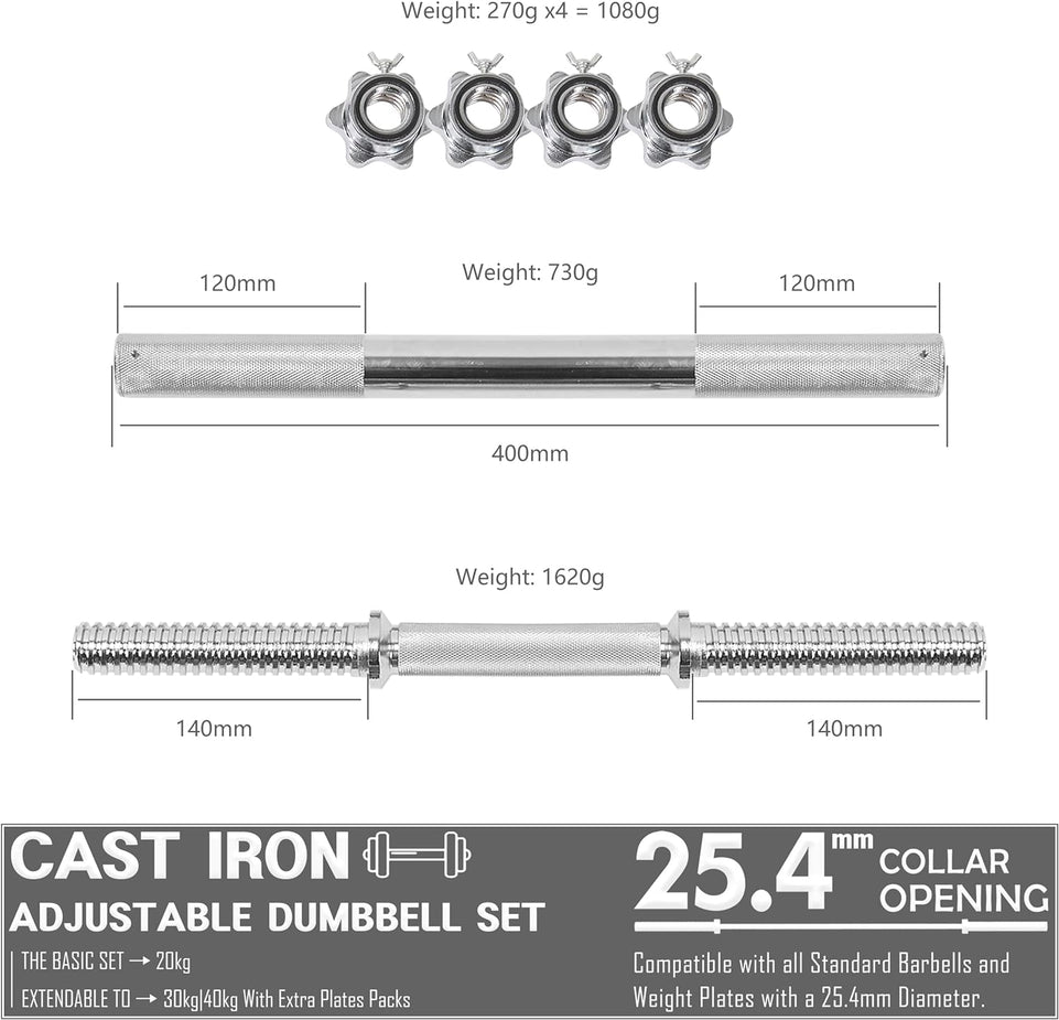 METEOR 20Kg Adjustable Dumbbell Set, One Set for All, Dumbbell and Barbell, Compact Hand Weight Set - Solid Cast Iron Plate with Steel Handle - Upgradable Home Gym Exercise Weight Set