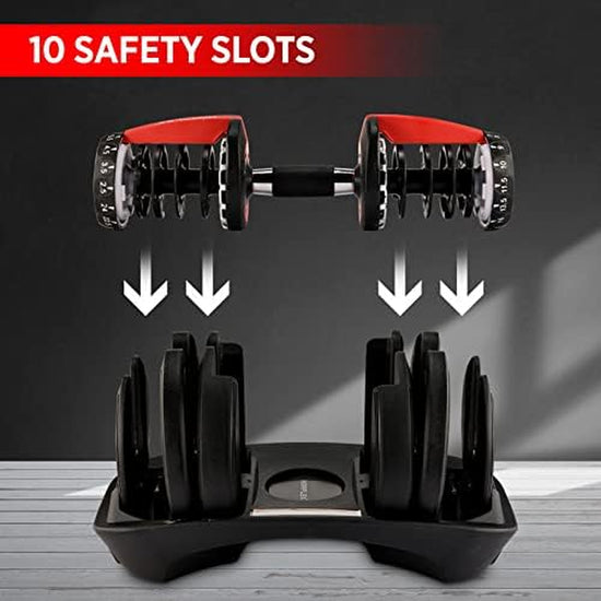 2X 24Kg Smart Adjustable Dumbbells for Home, Gym, Exercise & Fitness - High Intensity Muscle Building Weight Lifting Plates - Workout Set Equipment for Men & Women - Dumbbell Rack Included
