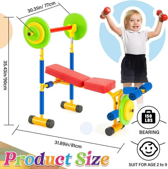Kids Weight Bench Set Fitness Exercise Equipment for Kids Toddler Adjustable Sports Exercise Equipment with Weights Foam Tray and Bar for Beginners Children Toddler Indoor Outdoor Sport