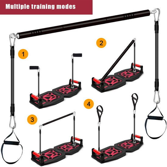 Home Gym Exercise Equipment - Portable Workout System 19 Fitness Accessories 9 In1 Push up Board Set, Resistance Bands with Pilates Bar Strength Training Abs Shoulders Back Butt
