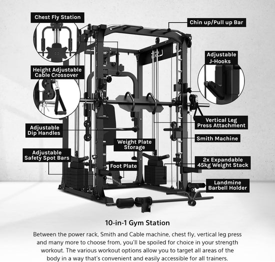 GRK200 10-In-1 Home Gym Station, Power Rack, Smith Machine and Cable Crossover + 90Kg Olympic Barbell & Bumper Plate Set
