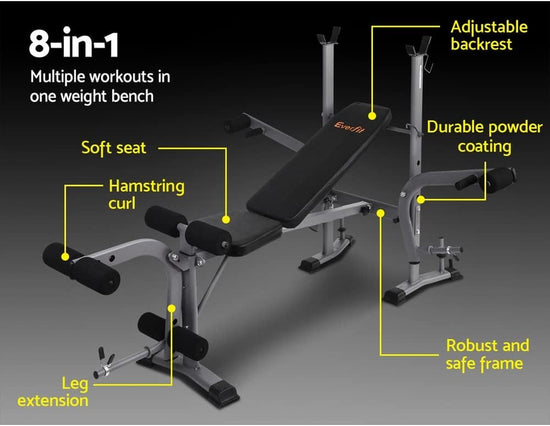 Weight Bench Multi Station Press Barbell Home Gym FID Chair Flat Incline Decline Toning Exercise Equipment Military Row Leg Extension Preacher Curl
