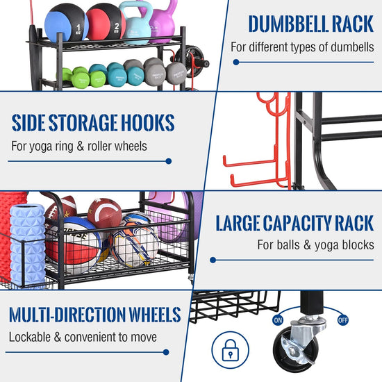Dumbbell Rack, Home Gym Storage, Weight Rack for Dumbbells, Yoga Rack, Kettlebells and Yoga Mat Storage, Gym Storage Rack with Wheels and Hooks, Workout Equipment Storage for Fitness And