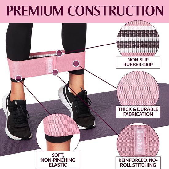 GYMB Resistance Band Set - Non Slip Cloth Exercise Bands to Workout Glutes, Thighs & Legs - Includes Booty Band Training Videos for Gym & Home Fitness, Yoga, Pilates for Men/Women - 3 Levels