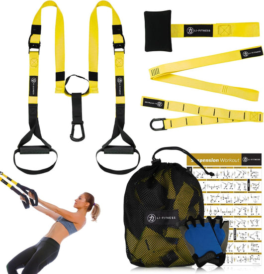 Suspension Trainer Kit Resistance System Full Body Workout Training Equipment Fitness Band Set with Door Anchor Adjustable Workout Straps for Home Gym Travel Outdoors (Yellow)