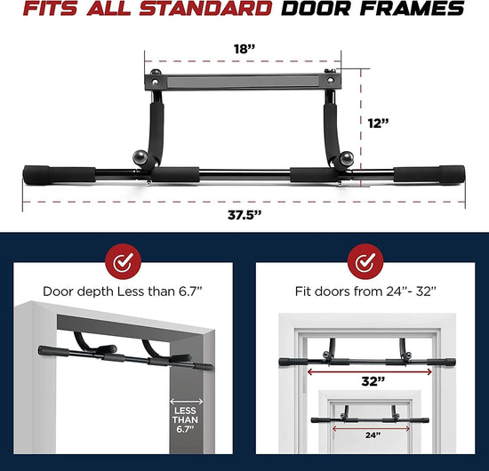 Door Pull up Bar - Heavy-Duty Door Pull up Bar for Home Gym - Adjustable Width Fits 24-32’’ Wide Door - Portable Doorway Chin up Bar - Multifunctional Indoor Upper Body Workout Bar - Black