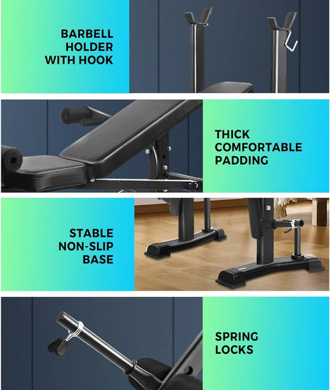 Weight Bench Press Home Gym Systems 8In1 Multi-Station Fitness Chair Strength Training Equipment with Backrest Adjustable Foldable Bar Design, U-Shaped Stable Base and Sweat Proof Padding, 200KG Weight Capacity