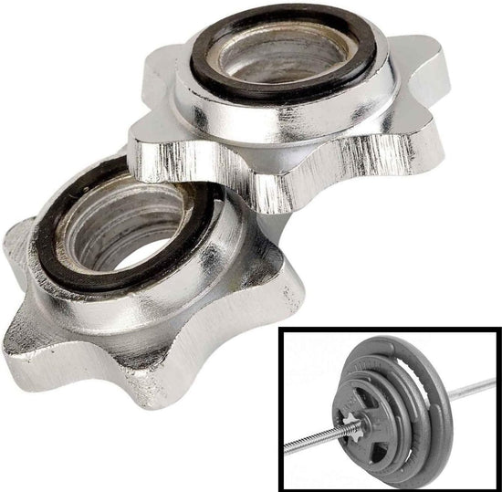 Pair of Collar Locks for Standard Barbell Weight Plates, 2-Pc. Set Standard Dumbbell Star and Spring Locks, High-Quality Steel for Ezy Curl Deadlift Parallel Bar Body Pump - Fitness Gym Exercise Equipment Accessories