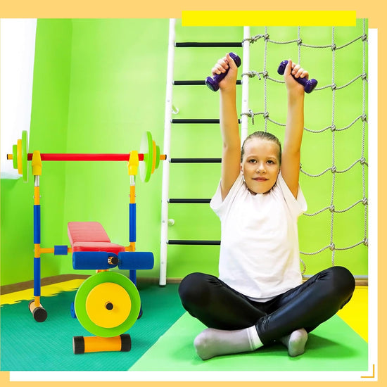 Kids Weight Bench Set Fitness Exercise Equipment for Kids Toddler Adjustable Sports Exercise Equipment with Weights Foam Tray and Bar for Beginners Children Toddler Indoor Outdoor Sport