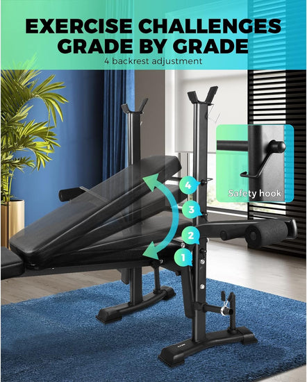 Weight Bench Press Home Gym Systems 8In1 Multi-Station Fitness Chair Strength Training Equipment with Backrest Adjustable Foldable Bar Design, U-Shaped Stable Base and Sweat Proof Padding, 200KG Weight Capacity