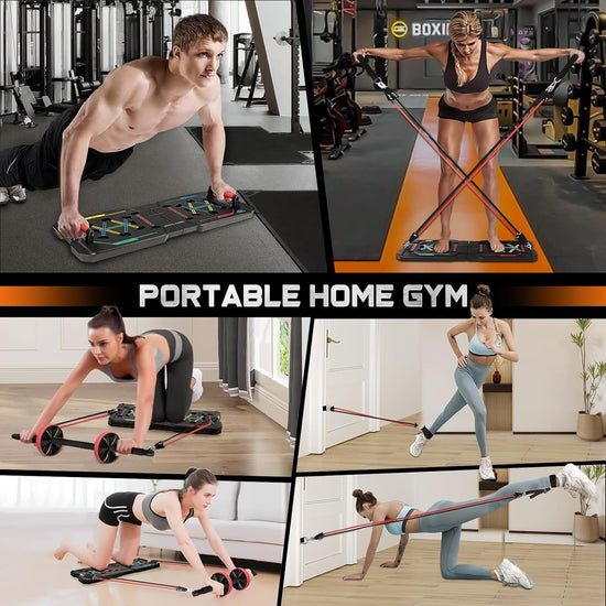Push up Board Home Gym Portable Home Fitness System, Large Compact Foldable Push up Board, Push up Bar with Resistance Bands, Strength Training Kit with Pilates Bar & Ab Roller Wheel Fitness Accessories