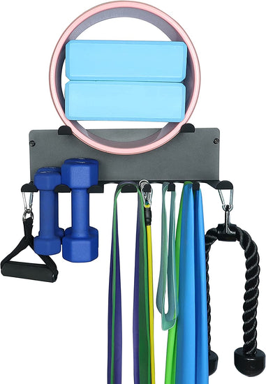 Gym Storage Rack,Double Layer Multi-Purpose Exercise Bands Rack,Resistance Bands Rack with 10 Hooks for Lifting Belt and Jump Rope Storage, Yoga Mat and Foam Roller Holder (Hardware Included)
