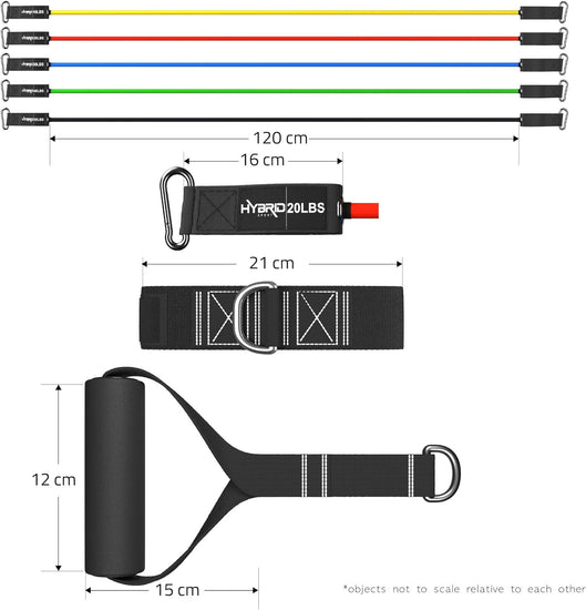 HYBRID Resistance Bands Set Men Women, HEAVY DUTY 12Pcs Exercise Bands, up to 150LB, 68Kg, 2 Foam Handles, 2 Ankle Straps, Door Anchor - Fitness Tubes - Exercise Equipment for Home, Gym, Physio