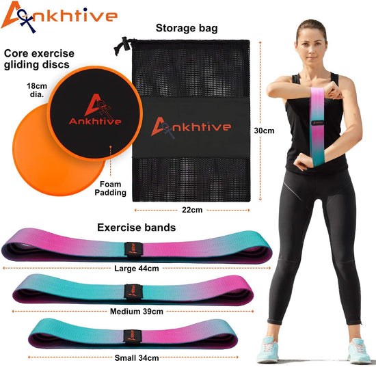 Resistance Hip Bands Fabric in 3 Sizes and Core Sliders Gliding Discs. Premium Non-Slip Fitness Booty Loop Stretch Band for Home Workout Outdoor Exercise Set with Carry Bag and Guide