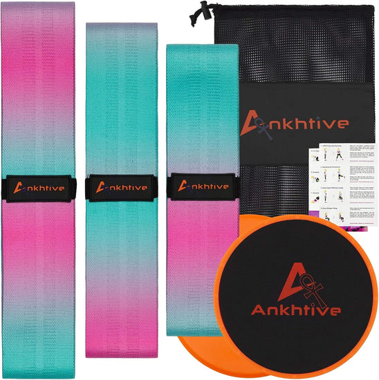 Resistance Hip Bands Fabric in 3 Sizes and Core Sliders Gliding Discs. Premium Non-Slip Fitness Booty Loop Stretch Band for Home Workout Outdoor Exercise Set with Carry Bag and Guide