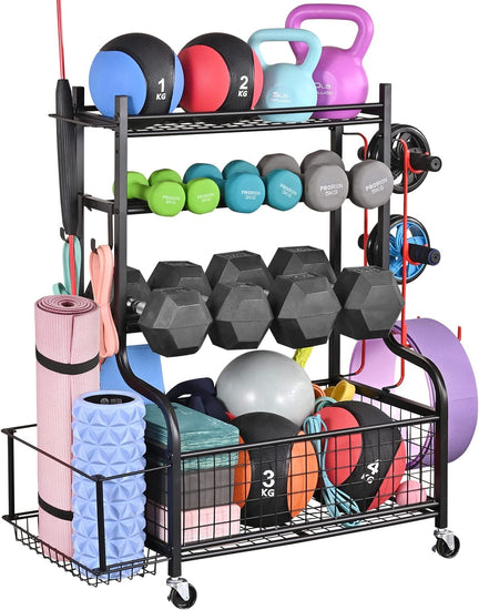 Dumbbell Rack, Home Gym Storage, Weight Rack for Dumbbells, Yoga Rack, Kettlebells and Yoga Mat Storage, Gym Storage Rack with Wheels and Hooks, Workout Equipment Storage for Fitness And
