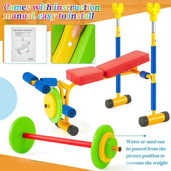Kids Weight Bench Set Fitness Exercise Equipment for Kids Toddler Adjustable Sports Exercise Equipment with Weights Foam Tray and Bar for Beginners Children Toddler Indoor Outdoor Sport