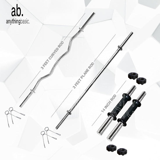 Anythingbasic PVC 20 Kg Home Gym Set | Black | Material : Iron, PVC, Sand and Cement | with 3 Feet Curl and Plain Gym Iron Rods, One Pair of Dumbbell Rods | with Skipping Rope and Other Accessories