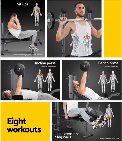 Weight Bench Multi Station Press Barbell Home Gym FID Chair Flat Incline Decline Toning Exercise Equipment Military Row Leg Extension Preacher Curl