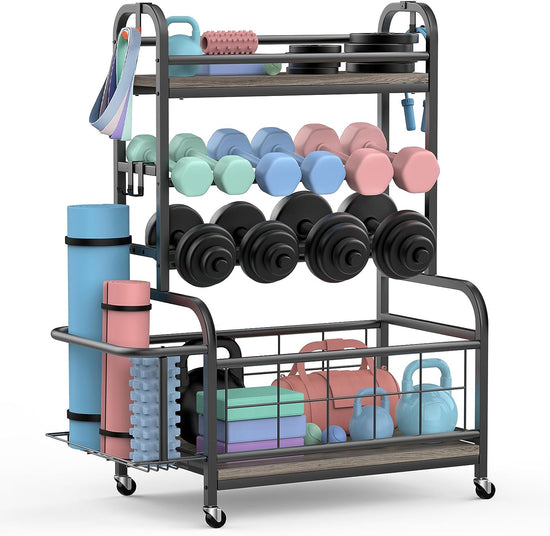 Dumbbell Rack,  Weight Rack for Dumbbells and Kettlebells, All in One Home Gym Storage, Yoga Mat Organizer Holder with Hooks and Wheels, Workout Equipment Weight Stand for Home Exercise And