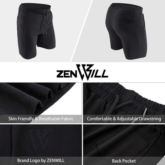 Mens Gym Running Shorts, Workout Athletic Bodybuilding Fitness Shorts with Zip Pockets