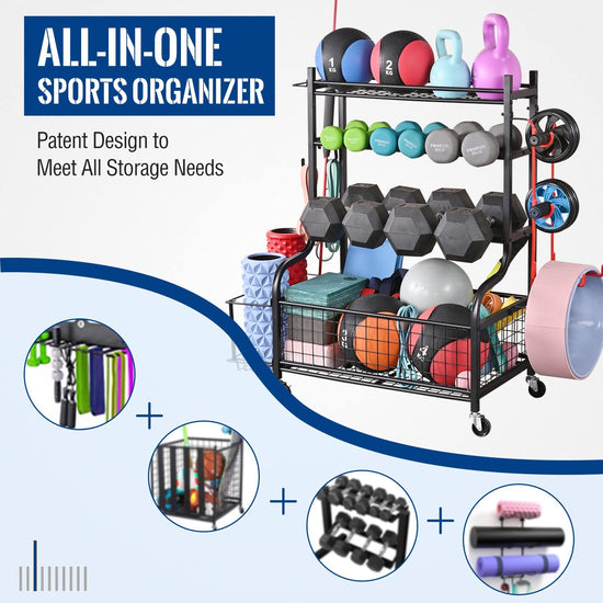 Dumbbell Rack, Home Gym Storage, Weight Rack for Dumbbells, Yoga Rack, Kettlebells and Yoga Mat Storage, Gym Storage Rack with Wheels and Hooks, Workout Equipment Storage for Fitness And