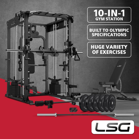GRK200 10-In-1 Home Gym Station, Power Rack, Smith Machine and Cable Crossover + 90Kg Olympic Barbell & Bumper Plate Set