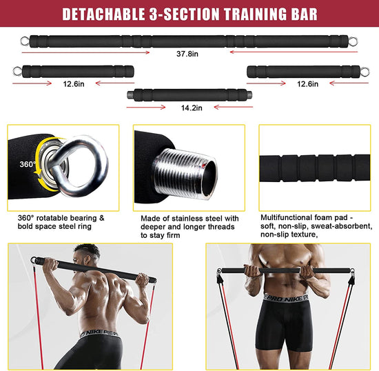 Home Gym Exercise Equipment - Portable Workout System 19 Fitness Accessories 9 In1 Push up Board Set, Resistance Bands with Pilates Bar Strength Training Abs Shoulders Back Butt