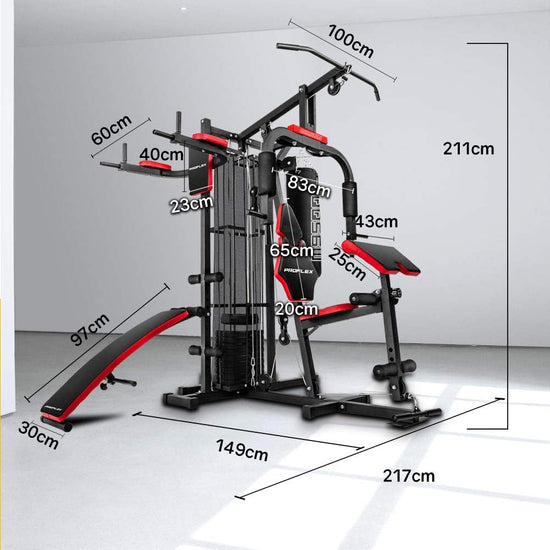 M9500 Multi-Function Home Gym Machine with Dip Station, Punching Bag, Situp Bench, Black/Red