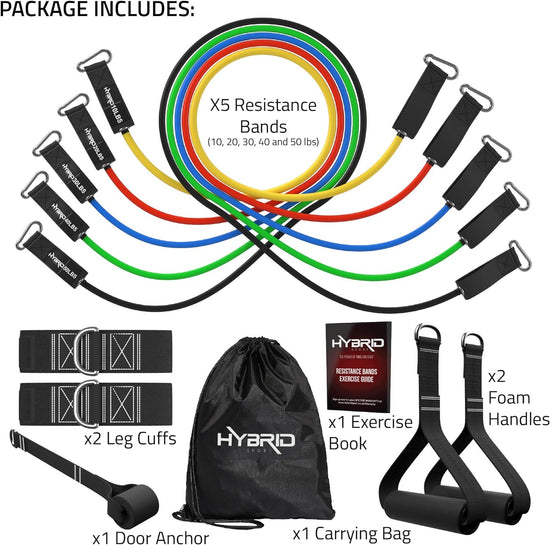 HYBRID Resistance Bands Set Men Women, HEAVY DUTY 12Pcs Exercise Bands, up to 150LB, 68Kg, 2 Foam Handles, 2 Ankle Straps, Door Anchor - Fitness Tubes - Exercise Equipment for Home, Gym, Physio